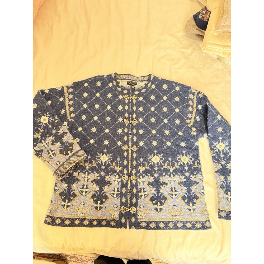 Vintage Skyr Large Blue Nordic Fair Isle Wool Cottagecore Cardigan Sweater Sz L